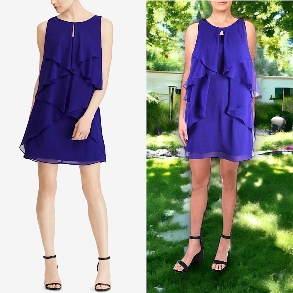 NWT RALPH LAUREN Tiered Draped Chiffon Ruffle Sleeveless Keyhole Front Dress 0